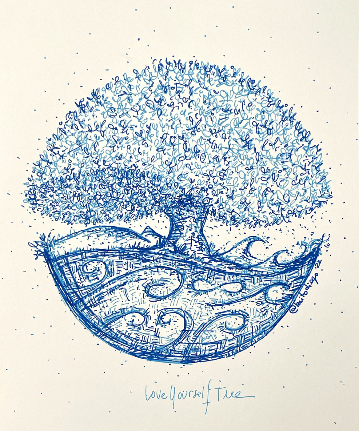 Duotone Love Yourself Tree — two blue inks on white