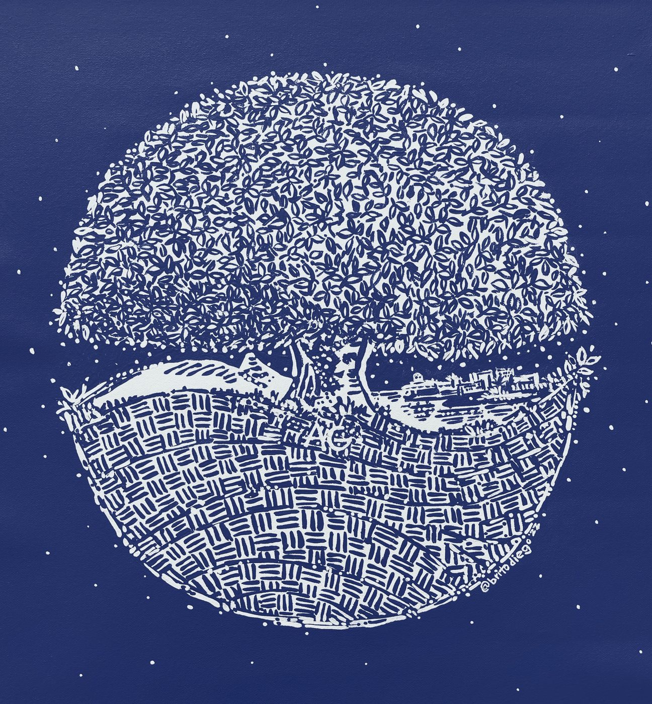 One colour Love Yourself Tree — white ink on deep blue, Orlando skyline